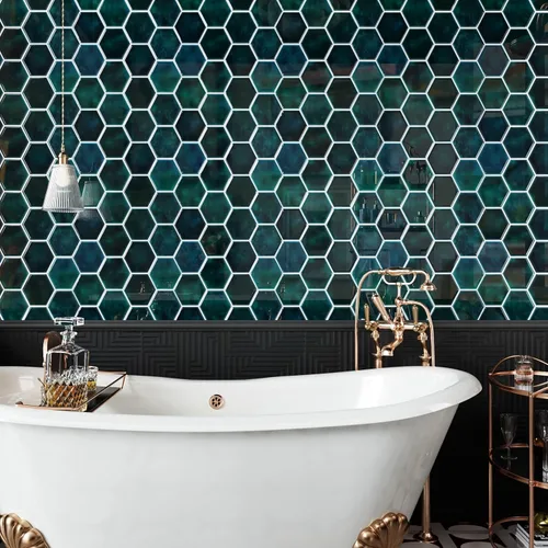Miniatura 5 de CRE8TIVE 4 hojas de azulejos para despegar y pegar en muro para cocina, azulejos hexagonales de 12 x 12 pulgadas, color verde esmeralda