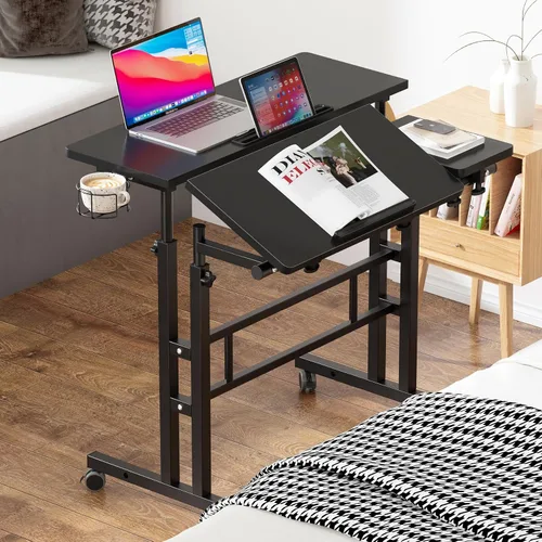 Miniatura 2 de DlandHome Escritorio de altura ajustable con soporte para tazas, escritorio portátil para laptop, 31.5 pulgadas, negro