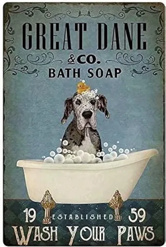 Cartel de metal para perros Great Dane Co.Bath Soap Wash Your Paws divertido póster de baño, sala de estar, cocina, hogar, arte, decoración de pared