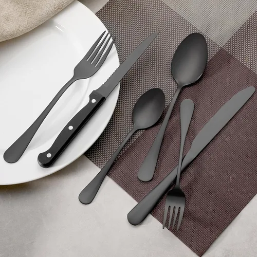 Miniatura 5 de Juego de 24 cubiertos negros de tenedores y cucharas de acero inoxidable de grado alimenticio para cocina y restaurante, 12 tenedores de cena