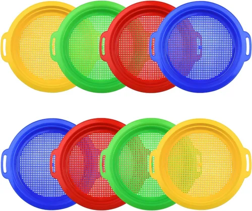 Miniatura 9 de Tamices de arena para juguetes de arena para la playa (rojo, azul, amarillo y verde) juego completo de regalo, paquete de 4 (8.75 x 9.75 pulgadas)