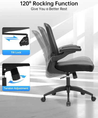 Miniatura 8 de Silla de oficina ergonómica ajustable de piel sintética con soporte lumbar, brazos abatibles, respaldo de malla transpirable, silla de escritorio