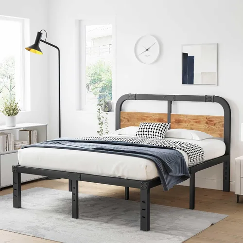 Miniatura 4 de ZIYOO Base de cama de metal de tamaño matrimonial con cabecera de madera maciza, plataforma de cama de estilo rústico, soporte de listones de acero