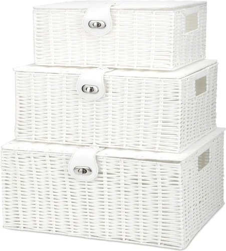 Miniatura 11 de Honygebia - Canastas de almacenamiento de mimbre negro - Juego de 3 cajas decorativas anidadas con tapas, canasta tejida con cerradura y asa