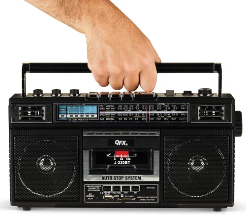 Miniatura 7 de QFX J-220BT Boombox MP3 Conversión de radio a casete con radio de 4 bandas (AM, FM, SW1, SW2) con Bluetooth, batería recargable, altavoces duales