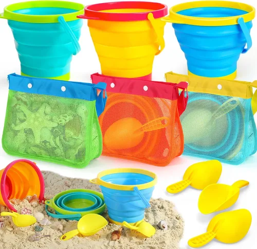TOY Life Juguetes de Cubo de Playa Plegable para Niños Artículos Esenciales de Playa con 3 Bolsas de Conchas Marinas Portátiles y 3 Cubos de Arena