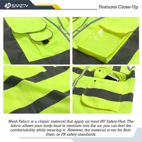 Miniatura 4 de JKSafety Chaleco de seguridad clase 2 con cremallera frontal, malla HQ ligera, de alta visibilidad, 9 bolsillos, cuerpo de color neón con tiras