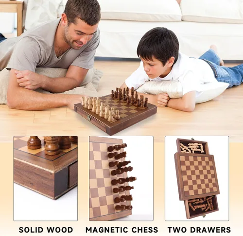 Miniatura 2 de GSE Games & Sports Expert Juego de ajedrez magnético de 10 pulgadas, juego de mesa de ajedrez de madera con cajones, juego de mesa de viaje portátil