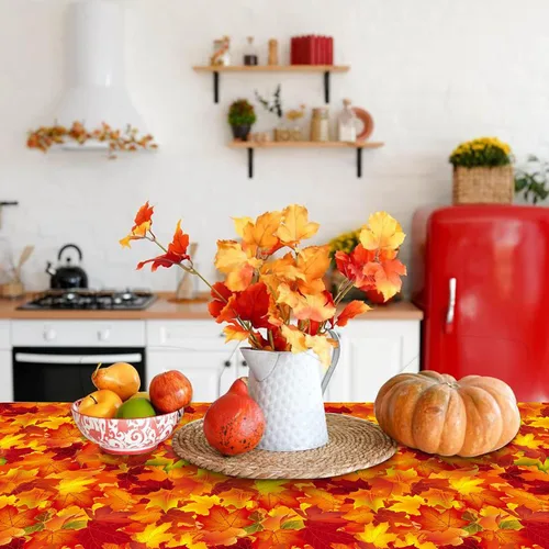 Miniatura 5 de Paquete de 2 manteles de plástico con hojas de arce, desechables con hojas de otoño, manteles rectangulares para fiestas, Acción de Gracias