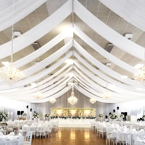 Miniatura 29 de 6 paneles de cortinas blancas para techo de boda, cortinas de techo de 5 x 10 pies, cortinas de tela transparente para arco de boda, cortinas