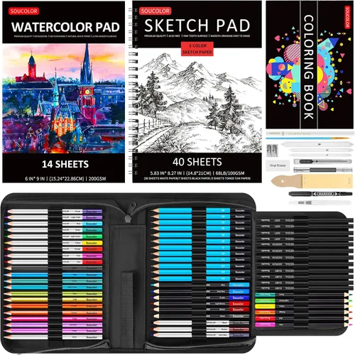 Soucolor Suministros de arte, paquete de 76 kits de dibujo, caja de regalo para artistas adultos: cuaderno de bocetos de 3 colores, bloc de