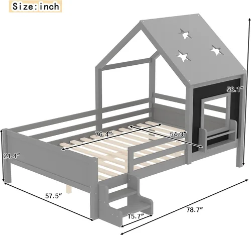 Miniatura 2 de Marco de cama de tamaño matrimonial para niños con escaleras, bonito techo y ventana en forma de estrella para niños y niñas, cama de plataforma