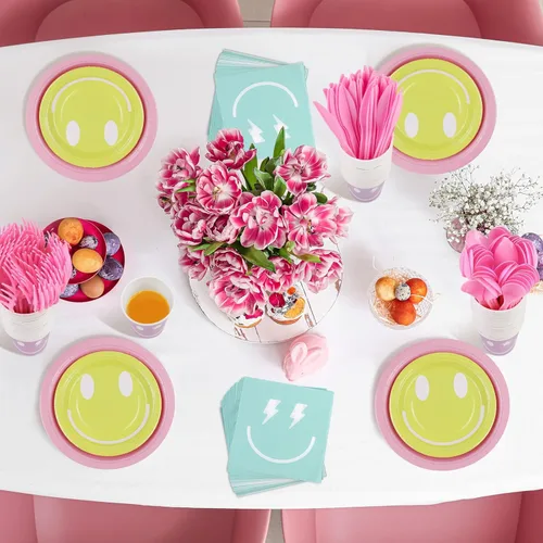 Miniatura 5 de Durony 350 Piezas de Decoración de Fiesta Preppy con Cara Sonriente, Suministros de Fiesta Pastel Incluyen Platos de Papel Sonrientes, Servilletas