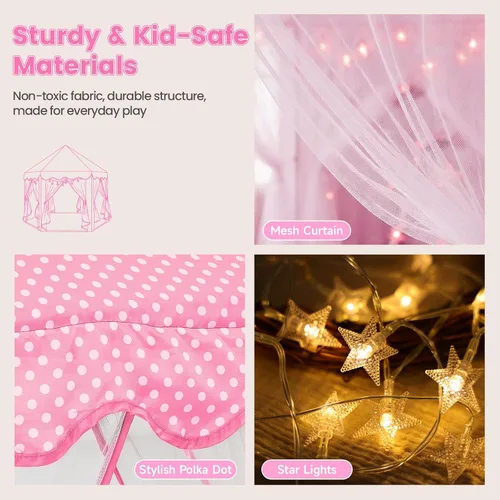 Miniatura 5 de Tienda de campaña de princesa para niñas en interior: con alfombra, luces de estrella, tienda de campaña rosa para niños, juguetes para niñas