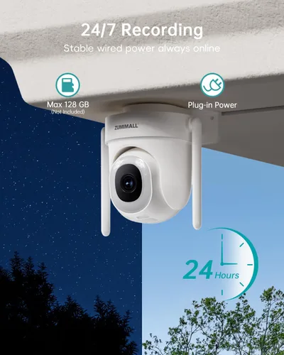 Miniatura 15 de ZUMIMALL - Cámara de seguridad de 3 MP para exteriores - 360° PTZ con seguimiento automático Grabación 24/7 con alimentación por cable, WiFi