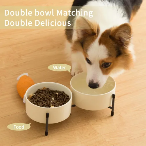 Miniatura 6 de Tazón de cerámica de 32 onzas para perros y gatos con soporte de metal elevado, plato de cerámica para mascotas de 6 pulgadas para alimentos y agua