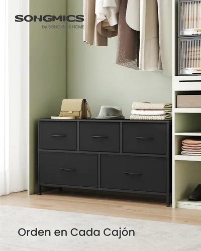 Miniatura 3 de SONGMICS Cómoda para dormitorio, cómoda, acero, MDF, 5 cajones de tela no tejida, unidad organizadora de almacenamiento, armario, entrada, negro