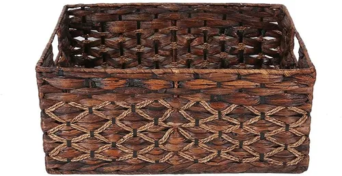 Miniatura 9 de Cesta rectangular tejida de jacinto de agua, cesta de almacenamiento oscura con asas interiores, estantes de cocina, escritorio de oficina