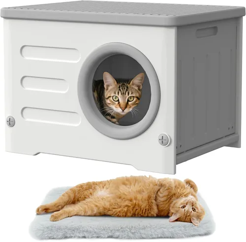 Miniatura 11 de Casa para gatos al aire libre, resistente a la intemperie, refugio para gatos con puerta de escape y solapa de puerta de PET, apilable elevado