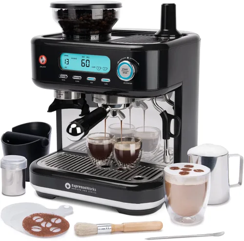 EspressoWorks Barista Pro Series - Máquina de café expreso con molinillo, vaporizador y pantalla LCD, lista para usar en 60 segundos, 15 bares, Negro
