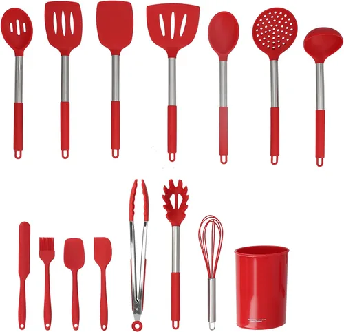 Juego de utensilios de cocina de silicona de 15 piezas con asas de acero inoxidable, espátulas de cocina y cucharas, calor, silicona antiadherente,