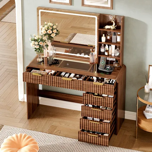 Miniatura 2 de Escritorio de maquillaje de 47 pulgadas con espejo y luces, escritorio de tocador con 7 cajones y estantes de almacenamiento, mesa de tocador