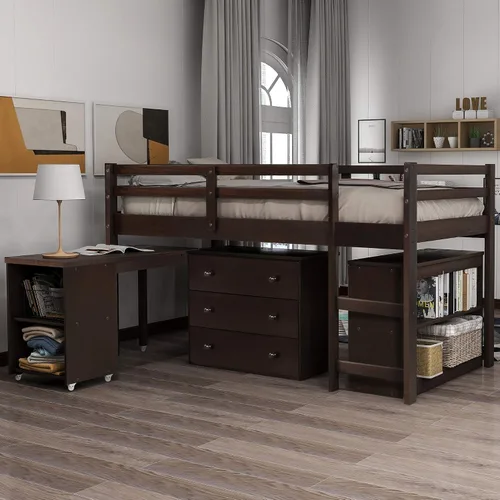 Base de cama baja de madera con escritorio portátil rodante, cama alta individual con armario abierto y cajones, cama baja con estante para niños y