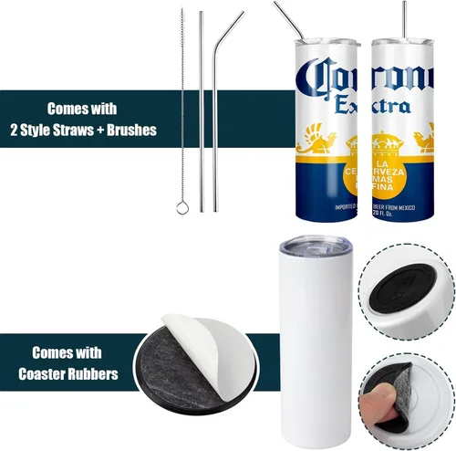 Miniatura 4 de Juego de 12 Vasos de Sublimación de 20 oz, Vasos de Acero Inoxidable de Pared Doble Delgados y Rectos en Blanco, Vaso de Sublimación con Tapa