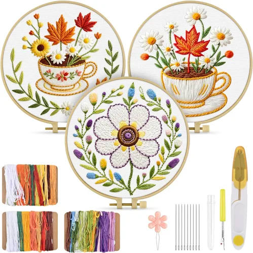 Miniatura 11 de TINDTOP Kit de bordado para adulto, paquete de 3 piezas de bordado para bricolaje, con patrones estampados, aro, herramientas, hilos coloridos