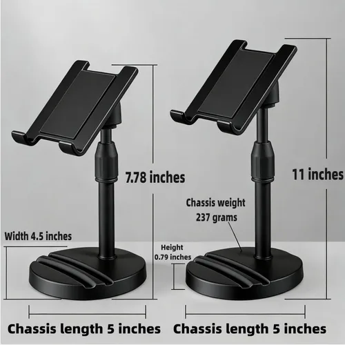 Miniatura 5 de Soporte de altura ajustable para teléfono y tableta, soporte doble para dispositivos con rotación de 360°, base antideslizante resistente