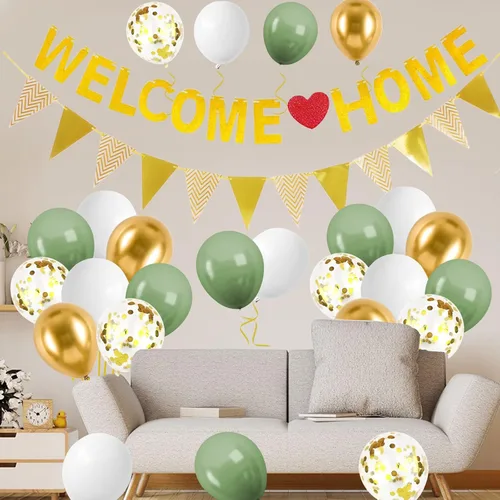 Miniatura 6 de Juego de globos y pancartas de bienvenida de color azul y plateado – Cartel con purpurina con globos de confeti, banderines de bandera