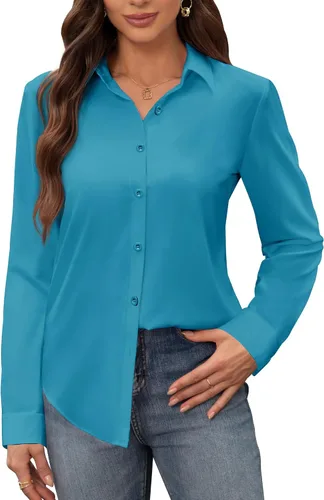 Miniatura 32 de Siliteelon - Camisas de vestir para mujer, a prueba de manchas, sin arrugas, de manga larga, sólidas, para trabajo y negocios, con botones