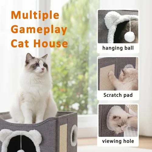Miniatura 2 de Casas para gatos de interior, cueva de cama grande para gatos, caja de cubo para gatitos, condominio para gatos con almohadilla rascadora, bola