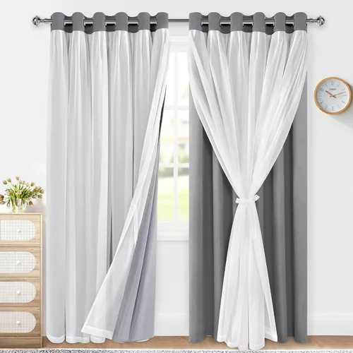Miniatura 20 de XWZO Cortinas 100% opacas de doble capa para guardería, cortinas opacas con superposición transparente para dormitorio de niñas, cortinas