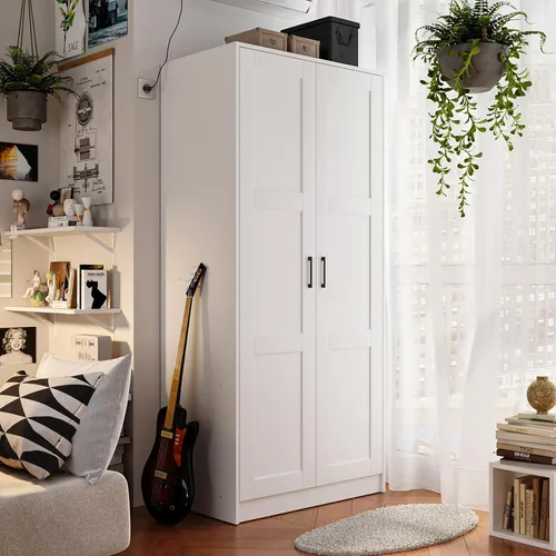 Fddevelop Fenghua Lizhi Armario Guardarropa de Madera Blanca con 2 Puertas, Armario Independiente para Dormitorio con Estantes, Combinación de
