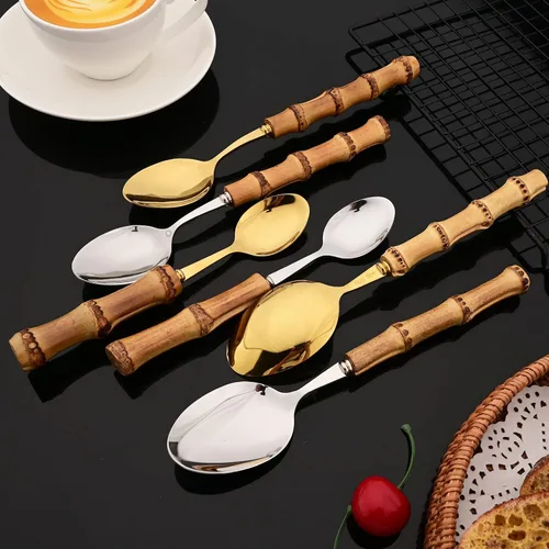 Miniatura 4 de JASHII Juego de cubiertos dorados de acero inoxidable 304, juego de cubiertos de 16 piezas con mango de bambú, servicio para 2, con 1 cuchara