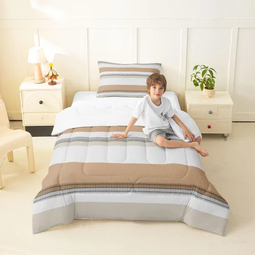 Miniatura 47 de jejeloiu Juego de edredón geométrico para niños, tamaño individual, diseño de rayas de color negro, blanco y gris, juego de ropa de cama decorativo