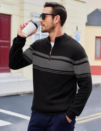 Miniatura 15 de MAGCOMSEN Suéteres de algodón con cremallera de 1/4 para hombre, suéter tipo polo, a rayas, para otoño e invierno, sudaderas cálidas