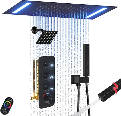Miniatura 20 de Enga Sistema de cabezal de ducha doble, cabezal de ducha LED de lluvia de 14 x 20 pulgadas con cabezal de pared de 6 pulgadas, juego de grifo de Oro