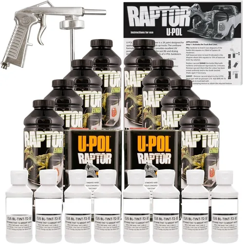 U-POL Raptor kit de revestimiento para camioneta en spray de uretano color blanco brillante con pistola rociadora, 8 litros.