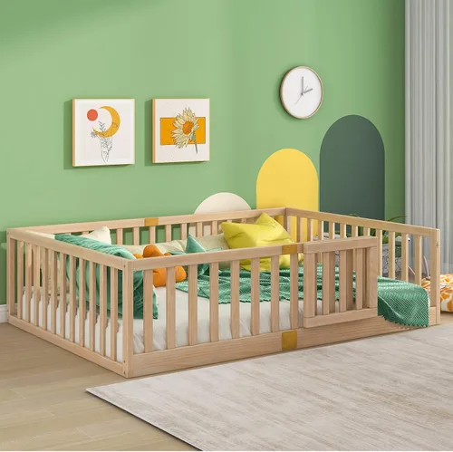 Miniatura 16 de Tatub Cama Montessori de suelo individual con rieles altos, marco de cama Montessori de madera maciza para niños, la puerta se puede instalar a Gris