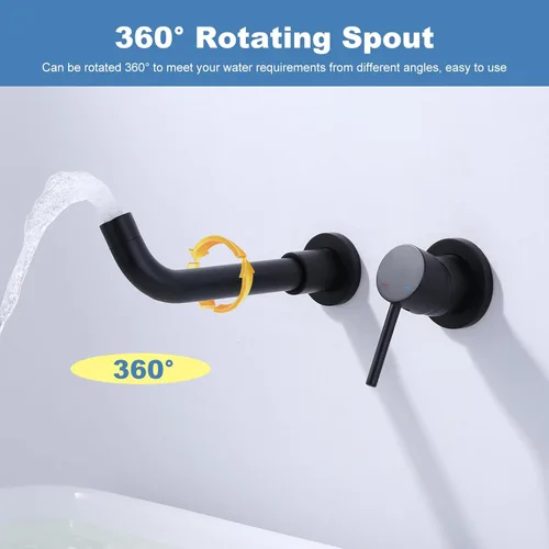 Miniatura 3 de ARCORA Grifo de baño de montaje en pared, negro mate, grifo de lavabo de baño de una sola manija montado en la pared, válvula empotrada incluida