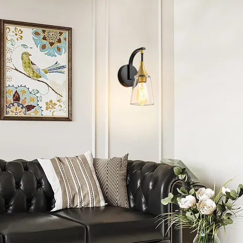Miniatura 6 de Lámpara de pared de baño de 1 luz, lámpara de pared negra y dorada con pantalla de vidrio transparente, lámpara de pared moderna para interiores