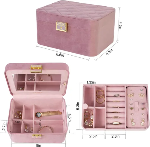 Miniatura 6 de KAMIER Joyero, 2 capas de piel sintética, caja organizadora de joyas de gran capacidad, doble cerradura y espejo grande, ganchos ocultos