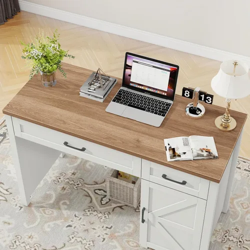 Miniatura 3 de Vabches Escritorio ejecutivo Farmhouse de 47 pulgadas, escritorio para computadora con cajones y armario de almacenamiento, escritorio de Blanco