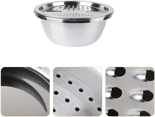 Miniatura 8 de OSALADI Rallador de acero inoxidable 3 en 1, escurridor de verduras, herramienta de cocina multiusos para lavar arroz y cortar verduras, 10.23 x
