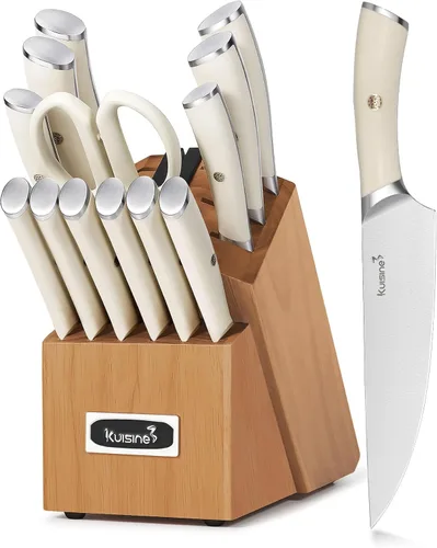 Miniatura 9 de Juego de cuchillos de chef Kuisine, juego de cuchillos de acero inoxidable de alto carbono afilados con mango ergonómico, juego de bloques de Blanco