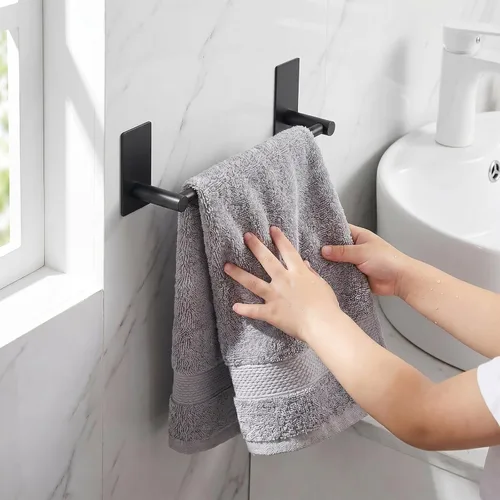 Miniatura 2 de Barra de Toalla Adhesiva Negra de 9 Pulgadas, Soporte de Toalla de Baño Adhesivo, Soportes de Toalla de Mano, Sin Perforación en la Pared - Negro
