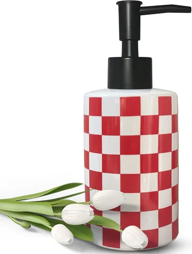 Miniatura 7 de Dispensador de jabón de baño con bomba negra mate, dispensador de jabón de cerámica blanca para cocina, patrón de cuadros, botella de bomba vacía