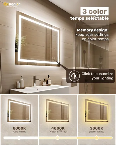 Miniatura 6 de Ensenior Espejo de Baño LED de 40" x 32" con Luz Frontal y Posterior, Espejos de Pared Regulables sin Escalones con Anti-Empañamiento, A Prueba